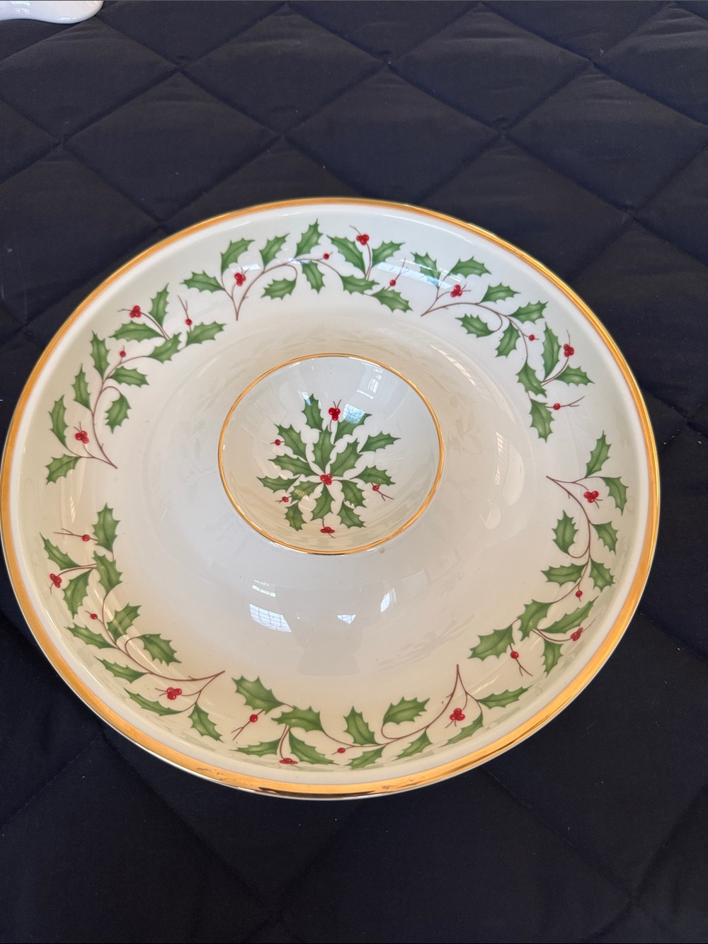 Lenox White, Green & Red Holly Pattern Holiday Centerpiece Bowl